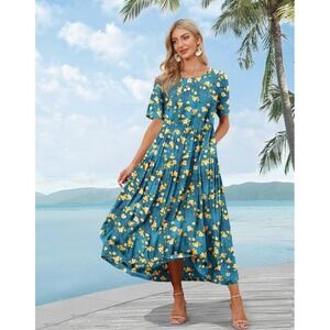 Brand New Women's XL Floral Print Midi Dress Casual Short Sleeve Summer Vacation